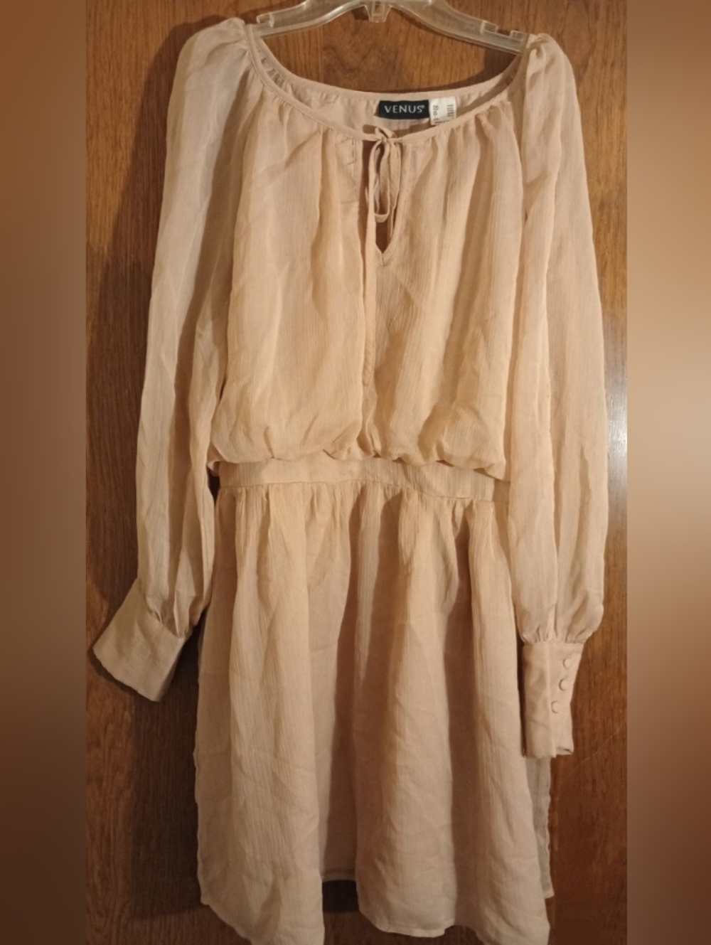 Like New! VENUS Chic Tan Slit Long-Sleeve Tie Detail Dress